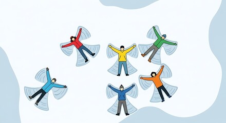 Six diverse people wearing colorful winter jackets and masks making snow angels in a snowy landscape.