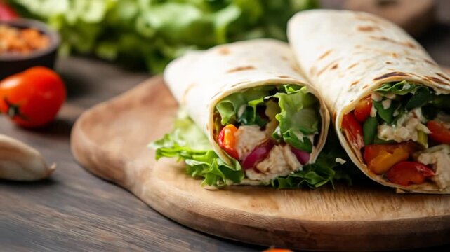 Delicious wraps on a wooden board with fresh vegetables and ingredients