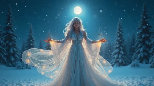 Winter Solstice Goddess Holding Light Under Moonlit Sky