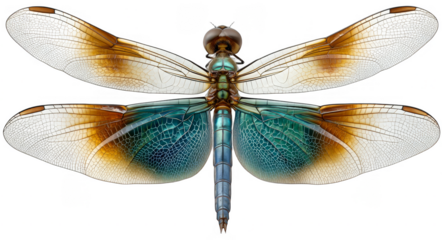A close-up shot showcasing a dragonfly with vibrant and patterned wings, highlighting its intricate wing structure and colorful details.