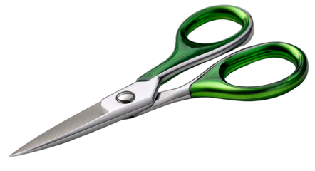 A pair of scissors with green plastic handles and sharp metal blades, suitable for cutting various materials.