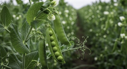 Fresh Green Pea Pods and Blooming Flowers on a Plant in a Sunny Field