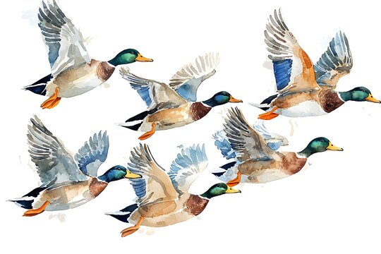 Watercolor ducks in flight group flying illustration artwork image