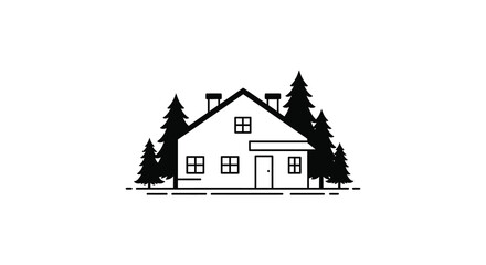 A charming rustic house with a gable roof surrounded by tall evergreen trees in a distinctive silhouette style