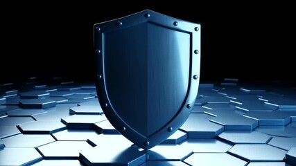 Metallic shield standing on hexagonal surface, illuminated by blue light - Powered by Adobe