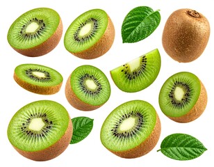 Fototapeta premium Kiwi fruit slices and leaves isolated on white