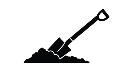 A simple black silhouette of a shovel digging into a pile of dirt representing gardening or construction work silhouette