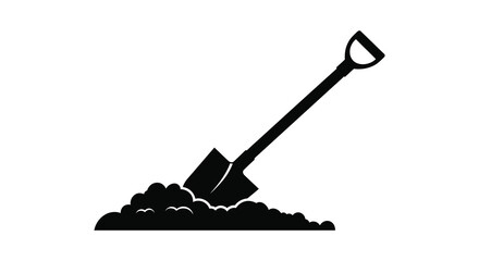 Black silhouette of a shovel digging into a pile of soil or dirt on a white background
