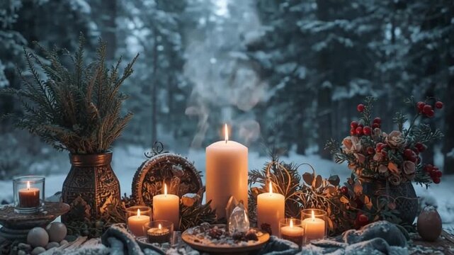 Cozy Candle Altar with Pine and Ornaments for Yule Celebration