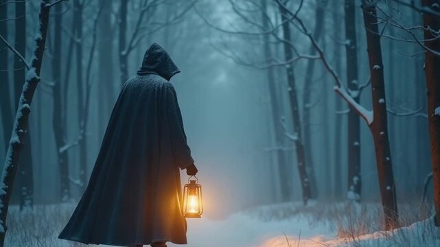 Hooded Figure Walking Through Snowy Forest with Lantern on Solstice Night