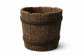 Old wooden bucket with rustic metal bands, vintage agricultural container for farming and rural concepts, transparent background