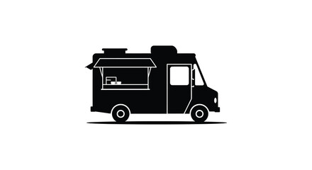 A simple black silhouette of a food truck with an open serving window and wheels on a white background silhouette