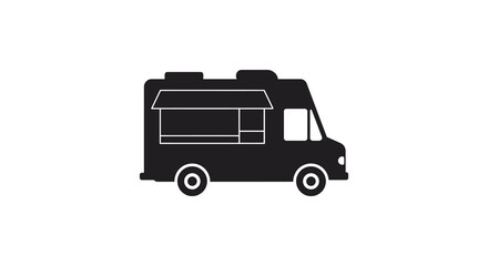 A simple bold black silhouette of a food truck with windows and wheels on a white background silhouette