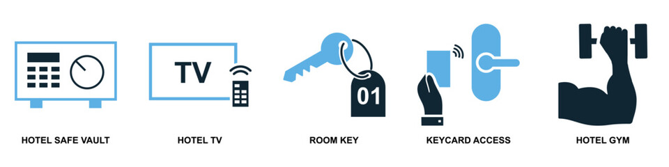 Set hotel icon vector. Ideal for hospitality, accommodation, and travel amenity themes. This graphic collection represents various guest services and lodging features for a seamless interface design.