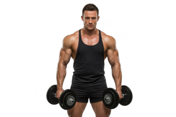 Muscular man holding dumbbells isolated on transparent background