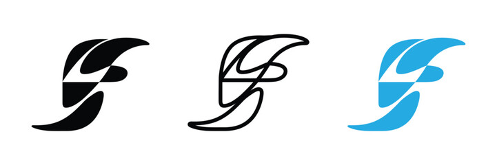 Abstract F letter mark logos in black, outline and light blue versions,Elegant initial letter F logos in black, outline, and blue design set,Elegant letter f logo design isolated,