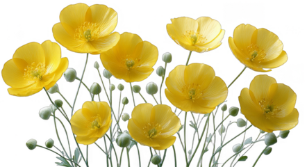 A cluster of bright yellow buttercups with slender green stems and small buds, showcasing natural beauty.