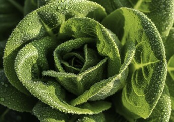 Vibrant Green Lettuce Leaves with Fresh Dew Drops in a Macro Close-up, Revealing Natural Textures and Spiral Patterns in Morning Light