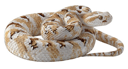 Obraz premium A close - up of a coiled rattlesnake showing its unique patterns and scales, representing a reptile in its natural form.