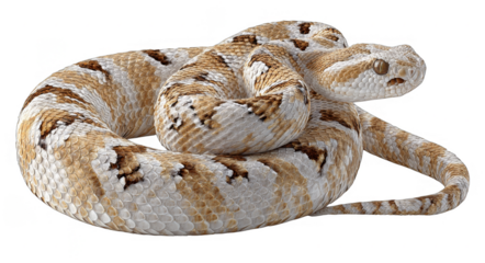 A close - up of a coiled rattlesnake showing its unique patterns and scales, representing a reptile in its natural form.