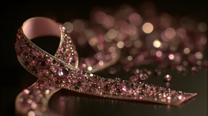 Pink ribbon adorned with pink and clear gems on a dark surface.