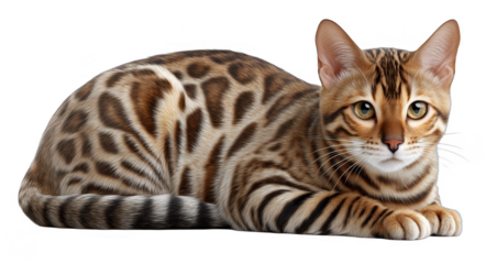 A domestic Bengal cat is lying down, showcasing its unique spotted and striped fur pattern, highlighting its elegant and charming appearance.