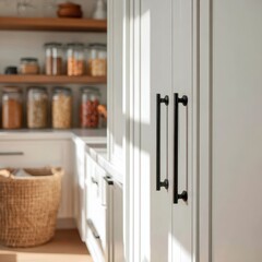 A kitchen with a white cupboard and a basket