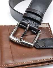 Leather belt and wallet resting on white background