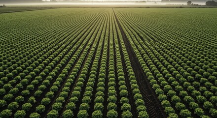 Aerial View of Lush Green Lettuce Field at Misty Sunrise, Showcasing Orderly Rows of Growing Vegetables in a Vast Agricultural Landscape