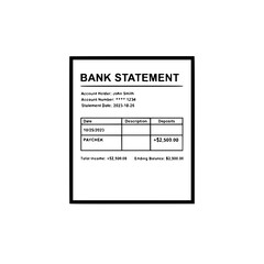 Bank statement showing a paycheck deposit for financial records and accounting