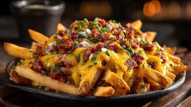 Loaded french fries with melted cheese and bacon bits.