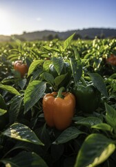 Vibrant and Green Peppers with Dew Drops in a Lush Field at Golden Hour, Ready for Harvest