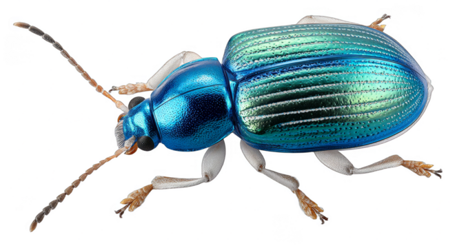 A vibrant metallic blue beetle with distinct body patterns, showcasing its shiny exoskeleton and detailed structure.