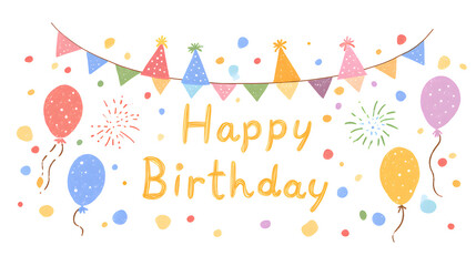 Colorful and Cheerful Birthday Celebration Design with Balloons, Streamers, Banners