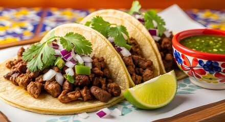 authentic mexican street tacos with salsa and lime