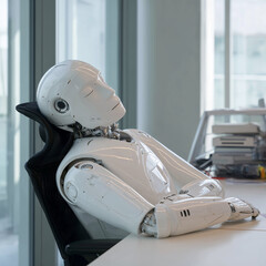 a humanoid in a recharging pot within a sterile, brightly lit laboratory, its form illuminated by soft, pulsing light, surrounded by advanced thech