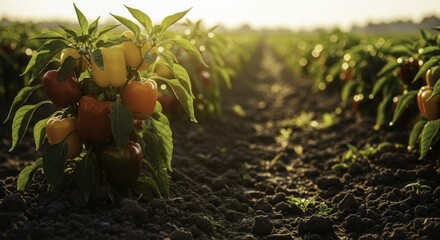 Close-up of vibrant peppers (Capsicum annuum) in red, yellow, and , growing on plants in a sunlit agricultural field at sunset, with golden light and dew drops, farming landscape.