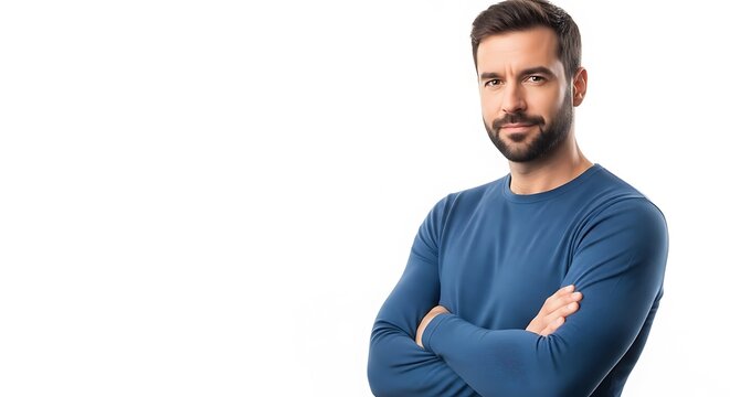 A confident man with a beard and folded arms, wearing a blue long-sleeved shirt, posing against a white background.