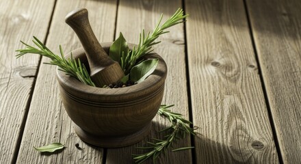 Fresh Rosemary, Bay Leaves, and Peppercorns in a Rustic Wooden Mortar and Pestle on a Textured Table