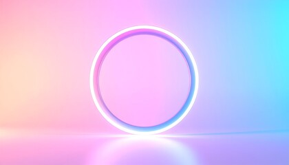 Obraz premium A glowing, neon-lit circle against a gradient of pastel pink, blue, and yellow hues
