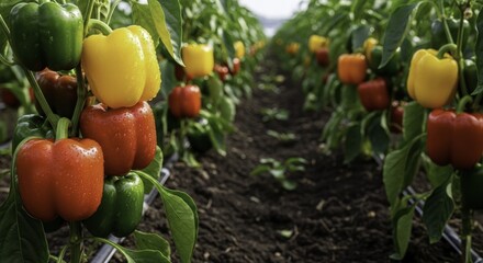 Vibrant Peppers Growing in Rows on a Farm, Featuring Red, Yellow, Green, and Capsicums with Dewy Water Droplets After Rain