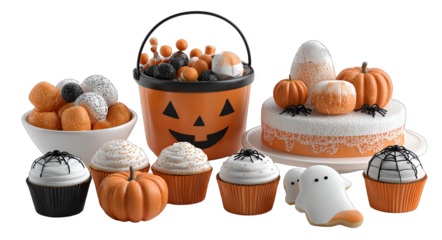 A variety of Halloween themed candies and desserts including pumpkin shaped items, cupcakes, and a decorated cake.