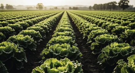 Vast field of fresh green lettuce plants glistening with morning dew under a soft, hazy sunrise, showcasing organic farm growth in neat rows.