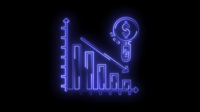 Economic downturn neon animation with decreasing bar graph and dollar sign on dark background