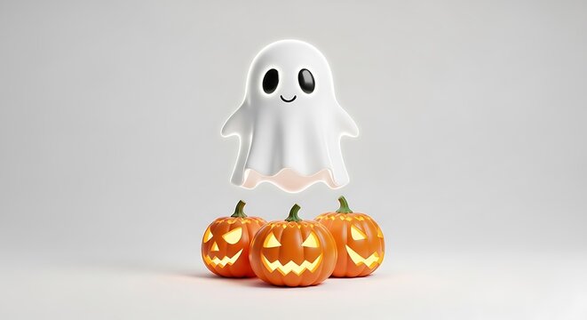 A cute cartoon ghost character floating above three glowing jack-o'-lantern pumpkins on a white background.