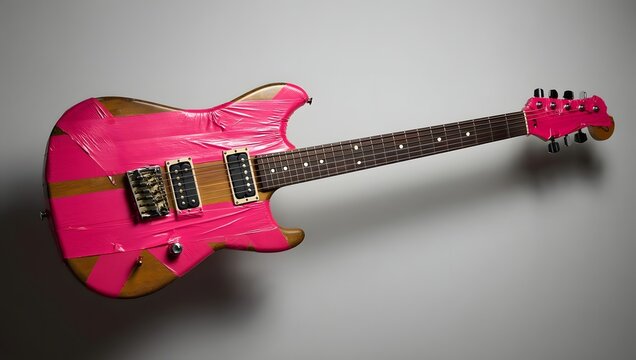 Pink electric guitar against plain background representing the power of female musicians in punk and rock movements