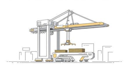 Modern container crane loading cargo onto automated transport vehicle at industrial port, representing logistics and global trade efficiency.