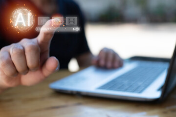 Businessman interacting with AI prompt interface, symbolizing generative artificial intelligence, prompt engineering, content creation by AI, machine learning tools, and digital automation future.