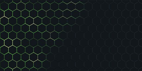 Dark hexagonal technology vector abstract background. Green bright energy flashes under hexagon in futuristic illustration modern technology background. Dark honeycomb texture grid.