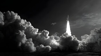 Space shuttle ascends into sky amidst billowing clouds of smoke.
